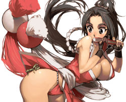 Rule 34 | 1girl, breasts, brown hair, bug, cleavage, fatal fury, fingerless gloves, gloves, grasshopper, insect, large breasts, long hair, panties, shiranui mai, snk, string panties, surprised, the king of fighters, underwear
