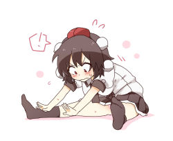 Rule 34 | !, 1girl, black hair, black legwear, black neckwear, black skirt, blush, breasts, closed mouth, collared shirt, colored shadow, commentary request, flying sweatdrops, full body, hat, leaning forward, mini hat, no shoes, panties, pink panties, pleated skirt, puffy short sleeves, puffy sleeves, red eyes, red hat, shadow, shameimaru aya, shirt, short sleeves, sitting, skirt, small breasts, soles, solo, spoken exclamation mark, stretching, tokin hat, totoharu (kujirai minato), touhou, underwear, v-shaped eyebrows, wavy mouth, white background, white shirt