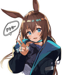 Rule 34 | 1girl, amiya (arknights), animal ears, arknights, ascot, black jacket, blue eyes, brown hair, frilled ascot, frills, hair between eyes, highres, jacket, jewelry, long hair, open clothes, open jacket, open mouth, rabbit ears, solo, togo (korlsj1235), v, white background