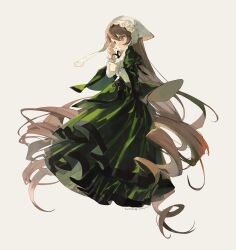Rule 34 | 1girl, absurdly long hair, absurdres, black ribbon, brown hair, commentary request, dress, drill hair, expressionless, full body, green dress, green eyes, grey background, head scarf, heterochromia, highres, lace, lolita fashion, long dress, long hair, long sleeves, looking afar, neck ribbon, open mouth, red eyes, ribbon, rozen maiden, simple background, sleeve ribbon, solo, suiseiseki, twin drills, very long hair, white headwear, zhenjiuzi
