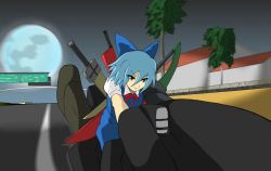 Rule 34 | 1girl, advent cirno, bad id, bad pixiv id, blue eyes, blue hair, bow, cirno, full moon, grand theft auto, grand theft auto: san andreas, hair between eyes, hair bow, long sleeves, matching hair/eyes, moon, motor vehicle, motorcycle, night, night sky, puffy sleeves, road, rockstar, short sleeves, sky, solo, sword, touhou, toys (pixiv), tree, vehicle, weapon