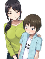 Rule 34 | 1boy, 1girl, age difference, black hair, blue eyes, blush, breast press, brown hair, child, commentary, embarrassed, green shirt, hand on another&#039;s shoulder, hashi, implied handjob, long hair, long sleeves, orange eyes, original, out of frame, ponytail, shirt, short hair, t-shirt, white background