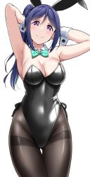 Rule 34 | 1girl, animal ears, armpits, arms behind head, black leotard, black pantyhose, blue hair, bow, bowtie, breasts, c:, cleavage, collar, commentary, covered navel, detached collar, fake animal ears, green bow, green bowtie, hair between eyes, highres, large breasts, leotard, long hair, looking at viewer, love live!, love live! sunshine!!, matsuura kanan, pantyhose, playboy bunny, ponytail, purple eyes, rabbit ears, side-tie leotard, simple background, smile, solo, strapless, strapless leotard, white background, white collar, wrist cuffs, yopparai oni
