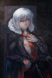 Rule 34 | 1boy, bad id, bad pixiv id, bob cut, cape, chair, command spell, dark persona, fate/zero, fate (series), glowing, glowing eyes, male focus, necktie, red eyes, solo, striped, vertical stripes, waver velvet, white hair, xm3bp6