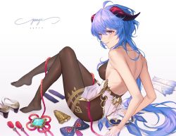 Rule 34 | 1girl, arm support, artist name, back, backless outfit, bare arms, bare back, bare shoulders, bell, blue hair, blush, bodysuit, unworn bow, breasts, brown bodysuit, brown pantyhose, character name, cowbell, foot up, full body, ganyu (genshin impact), genshin impact, gloves, unworn gloves, goat horns, gold trim, highres, horns, idasu (hyun9164), knees up, leaning back, long hair, looking at viewer, low ponytail, medium breasts, pantyhose, parted lips, purple eyes, shoes, unworn shoes, simple background, sitting, unworn sleeves, smile, solo, thighs, vision (genshin impact), white background