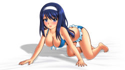 Rule 34 | 1girl, all fours, barefoot, bikini, blue eyes, blue hair, breasts, butt crack, cleavage, frills, front-tie top, futaba aoi (vividred operation), hairband, hanging breasts, highres, kimuti-g, large breasts, long hair, looking at viewer, matching hair/eyes, open mouth, shiny skin, solo, swimsuit, vividred operation