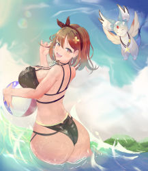 Rule 34 | 1girl, absurdres, artist request, ass, atelier (series), atelier ryza, atelier ryza 2, bare shoulders, bikini, blush, breasts, curvy, from behind, hair ribbon, hairband, highres, huge ass, large breasts, looking at viewer, looking back, open mouth, reisalin stout, ribbon, shiny clothes, shiny skin, short hair, sideboob, smile, swimsuit, thong, thong bikini, water, wet, wet clothes, wet hair, wide hips