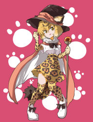 Rule 34 | 1girl, :d, animal ears, animal print, black bow, black bowtie, black hat, blonde hair, bow, bowtie, cape, center frills, elbow gloves, frills, full body, fur collar, gloves, hair between eyes, hand up, hat, high-waist skirt, highres, holding, holding staff, jaguar (kemono friends), jaguar ears, jaguar print, jaguar tail, jamir, kemono friends, legs apart, looking at viewer, open mouth, paw print, pigeon-toed, pink background, shirt, shoes, short hair, short sleeves, skirt, smile, solo, staff, tail, thighhighs, v-shaped eyebrows, white footwear, white shirt, yellow eyes