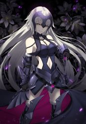 Rule 34 | 1girl, ahoge, black background, blonde hair, breasts, chain, cleavage, famepeera, fate/grand order, fate (series), flower, gauntlets, headpiece, jeanne d&#039;arc (fate), jeanne d&#039;arc alter (avenger) (fate), jeanne d&#039;arc alter (avenger) (third ascension) (fate), jeanne d&#039;arc alter (fate), long hair, looking at viewer, navel, parted lips, smile, solo, sword, weapon, white flower, yellow eyes