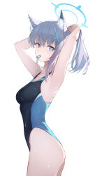 Rule 34 | 1girl, animal ear fluff, animal ears, armpits, arms behind head, arms up, ass, bare arms, bare shoulders, bilibilida, black one-piece swimsuit, blue archive, blue eyes, breasts, competition swimsuit, cowboy shot, from side, grey hair, hair ornament, hair tie in mouth, halo, highleg, highleg swimsuit, highres, long hair, looking at viewer, looking to the side, mismatched pupils, mouth hold, official alternate costume, one-piece swimsuit, ponytail, revision, shiroko (blue archive), shiroko (swimsuit) (blue archive), simple background, small breasts, solo, standing, swimsuit, thighs, two-tone swimsuit, tying hair, white background, wolf ears
