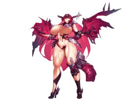 Rule 34 | 1girl, boots, breasts, demon wings, feet, female focus, full body, game cg, groin, head wings, high heel boots, high heels, huge breasts, legs, legs apart, long hair, looking at viewer, melon22, navel, original, outstretched arms, parted lips, red eyes, red hair, revealing clothes, solo, spread arms, standing, tail, thick thighs, thigh boots, thighhighs, thighs, tiara, torn clothes, transparent background, underboob, very long hair, wide hips, wings