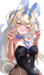Rule 34 | 1girl, absurdres, animal ear fluff, animal ears, bandaid, bandaid hair ornament, black leotard, blonde hair, blue collar, blue hair, blue nails, blush, breasts, claw pose, cleavage, collar, detached collar, dog ears, dog girl, fake animal ears, fang, fuwawa abyssgard, hair ornament, hairpin, highres, hololive, hololive english, large breasts, leotard, long hair, looking at viewer, multicolored hair, nail polish, open mouth, pink eyes, playboy bunny, rabbit ears, saka mikatsuki, skin fang, smile, solo, streaked hair, two side up, virtual youtuber