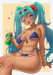 1girl ;d alternate_breast_size aqua_eyes aqua_hair bare_shoulders bikini blue_bikini brazilian_miku breasts can cleavage commentary dark_skin earrings english_commentary feet_out_of_frame flower guarana_antarctica hair_flower hair_ornament hatsune_miku heart highres holding holding_can jewelry large_breasts long_hair looking_at_viewer navel one_eye_closed open_mouth red_flower ryuuneart smile solo stomach swimsuit thighs twintails very_long_hair vocaloid