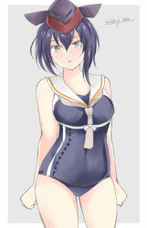 Rule 34 | 1girl, asymmetrical hair, black hair, black one-piece swimsuit, breast cutout, brown eyes, brown neckerchief, crop top, framed breasts, gakky, grey background, hair between eyes, i-13 (kancolle), kantai collection, neckerchief, one-hour drawing challenge, one-piece swimsuit, school swimsuit, shirt, short hair, sleeveless, sleeveless shirt, solo, swimsuit, swimsuit under clothes, two-tone background