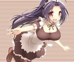 Rule 34 | 1girl, :d, apron, blue hair, breasts, headdress, idolmaster, idolmaster (classic), large breasts, long hair, maid, maid apron, miura azusa, open mouth, pantyhose, red eyes, ribbon, smile, solo, van-s