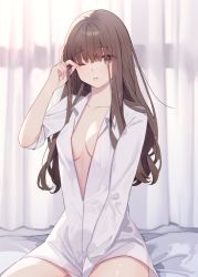 Rule 34 | 1girl, ayaka (disagree), breasts, brown eyes, brown hair, collarbone, commentary request, commission, curtains, fate/extra, fate (series), highres, kishinami hakuno (female), long hair, long sleeves, medium breasts, one eye closed, oversized clothes, oversized shirt, rubbing eyes, shirt, skeb commission, solo, waking up, white shirt