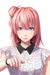 Rule 34 | 1girl, bare arms, blue eyes, closed mouth, commentary, floral print, hair between eyes, hair bun, highres, lips, looking at viewer, medium hair, pink hair, pointing, pointing down, redpoke, see-through, see-through shirt, shirt, simple background, single hair bun, sleeveless, smile, solo, upper body, white background, white shirt, wing collar, wristband, yahari ore no seishun lovecome wa machigatteiru., yuigahama yui