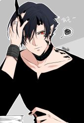 Rule 34 | 1boy, arknights, black hair, black nails, black shirt, choker, flamebringer (arknights), hair over one eye, hand up, horns, infection monitor (arknights), jewelry, keulonoseu, korean commentary, korean text, looking at viewer, male focus, material growth, nail polish, oripathy lesion (arknights), red eyes, ring, shirt, short hair, solo, speech bubble, squiggle, thorns, upper body