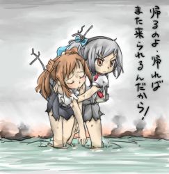 Rule 34 | 10s, 2girls, bow, brown hair, check translation, destroyer, double bun, closed eyes, hair bow, hug, injury, kantai collection, kasumi (kancolle), long hair, michishio (kancolle), military, military vehicle, multiple girls, ocean, ohyo, personification, school uniform, ship, side ponytail, silver hair, skirt, smoke, torn clothes, translated, twintails, wading, warship, water, watercraft, yellow eyes