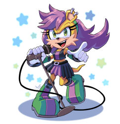 Rule 34 | 1girl, angiethecat, crop top, earrings, eyelashes, fang, furry, furry female, gloves, green eyes, hairband, highres, jewelry, long hair, looking at viewer, microphone, microphone stand, mina mongoose, music, open mouth, purple hair, singing, skirt, sonic (series), sonic the hedgehog (archie comics), star (symbol), tail, two-tone fur, white background, white gloves, yellow fur
