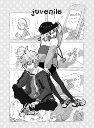 Rule 34 | 1boy, 1girl, baseball cap, blush, brother and sister, casual, cellphone, comic, den, earrings, greyscale, hat, hood, hoodie, jewelry, juvenile (vocaloid), kagamine len, kagamine rin, monochrome, pantyhose, phone, short hair, siblings, skirt, smile, twins, vocaloid