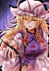 Rule 34 | 1girl, :d, black choker, blonde hair, blush, bow, breasts, choker, commentary request, dress, gap (touhou), hair between eyes, hair bow, hat, hat ribbon, highres, large breasts, layered dress, long hair, long sleeves, looking at viewer, mob cap, open mouth, oshiaki, outline, purple background, red bow, red ribbon, ribbon, sidelocks, silhouette, smile, solo, tabard, touhou, upper body, very long hair, white dress, white hat, white outline, wide sleeves, yakumo yukari, yellow eyes