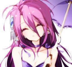 Rule 34 | 1girl, ^ ^, bad id, bad twitter id, bare arms, bare shoulders, breasts, closed eyes, closed mouth, collarbone, commentary request, dress, closed eyes, hair between eyes, head tilt, highres, holding, holding umbrella, long hair, looking at viewer, misteor, no game no life, pink hair, purple dress, purple umbrella, shuvi (no game no life), small breasts, smile, solo, umbrella, upper body, white background