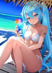 1girl arm_tattoo bare_arms bare_legs bare_shoulders beach bikini blue_eyes blue_hair blue_sky blush breasts closed_mouth cup day double-parted_bangs drink drinking_straw feet_out_of_frame hair_between_eyes hair_ornament halterneck hand_up hatsune_miku head_tilt highres holding holding_cup horizon knees_up long_hair looking_at_viewer medium_breasts number_tattoo ocean outdoors shore side-tie_bikini_bottom sitting sky smile solo sunlight swimsuit takepon1123 tattoo twintails very_long_hair vocaloid water white_bikini