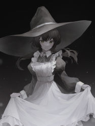 Rule 34 | 1girl, absurdres, black hair, black hat, black sleeves, closed mouth, clothes lift, collared shirt, crystalherb, dark room, dress, dress lift, feet out of frame, frills, green eyes, hat, highres, holding, holding clothes, holding dress, light particles, long hair, long sleeves, looking at viewer, maid, neck ribbon, original, puffy sleeves, ribbon, shirt, smile, solo, standing, twintails, white dress, white ribbon, white shirt, witch, witch hat