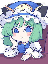 Rule 34 | 1girl, asymmetrical hair, blue eyes, blue hat, blush, chahan (fried rice0614), closed mouth, epaulettes, frilled hat, frills, green hair, hand on own face, hat, highres, juliet sleeves, long sleeves, medium hair, puffy sleeves, shiki eiki, short eyebrows, simple background, sitting, solo, touhou, upper body, v-shaped eyebrows, white background