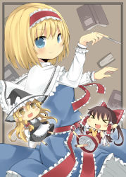 Rule 34 | &gt; &lt;, 3girls, :d, alice margatroid, amaa (chou dennou jidai), arms up, bad id, bad pixiv id, blonde hair, blue dress, blue eyes, blush, book, bow, braid, brown hair, capelet, chibi, detached sleeves, dress, closed eyes, female focus, hair bow, hairband, hakurei reimu, hat, highres, japanese clothes, kirisame marisa, long hair, long sleeves, looking at viewer, miko, multiple girls, open mouth, short hair, smile, tareme, touhou, witch, witch hat