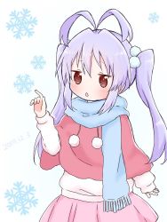 Rule 34 | 1girl, :o, antenna hair, blue scarf, blush, brown eyes, capelet, chestnut mouth, cowboy shot, index finger raised, long hair, long sleeves, miyauchi renge, non non biyori, parted lips, pink skirt, pleated skirt, pom pom (clothes), purple hair, scarf, shika (s1ka), skirt, snowflakes, solo, standing, sweater, twintails, white sweater