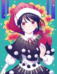 Rule 34 | 1girl, absurdres, alternate hair color, black dress, black hair, blush, buttons, closed mouth, doremy sweet, dress, floral background, flower, green background, hair between eyes, hand up, hat, highres, leaf, long sleeves, looking away, multicolored background, pink background, pom pom (clothes), puffy long sleeves, puffy sleeves, purple background, red eyes, red flower, red hat, short hair, smile, solo, toraneko 2, touhou, white dress, yellow flower