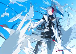 Rule 34 | 1boy, arknights, bird, black hair, black shirt, blue sky, coat, commentary, cowboy shot, elysium (arknights), falling feathers, feather hair, feathers, gradient sky, grey eyes, grey pants, long sleeves, looking at viewer, male focus, multicolored hair, nsi (2312 0120), one eye closed, outstretched arms, pants, red hair, sheath, shirt, sky, smile, solo, spread arms, sword, weapon, white coat, white hair