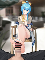 1girl absurdres barefoot blue_eyes blue_hair blue_nails blush cellphone censored feet foot_focus footjob grin highres long_hair looking_at_viewer nail_polish nanase_young phone ponytail shirt short_shorts shorts sitting smartphone smile soles t-shirt toenail_polish toenails toes