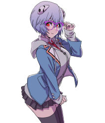 Rule 34 | 1girl, absurdres, adjusting eyewear, ayanami rei, black skirt, black thighhighs, blue hair, buttons, closed mouth, commentary request, fingernails, glasses, highres, hood, hood down, interface headset, jacket, lips, long sleeves, looking at viewer, necktie, neon genesis evangelion, open clothes, purple-framed eyewear, red eyes, short hair, simple background, skirt, sleeves past wrists, smile, solo, thighhighs, white background, yamashita shun&#039;ya, zettai ryouiki, zipper pull tab