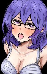 Rule 34 | 1girl, blush, bra, breasts, digimon, digimon world re:digitize, glasses, highres, large breasts, long hair, mikagura mirei, pltrgst, purple eyes, purple hair, sideboob, solo, sweat, tongue, tongue out, underwear