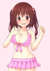 Rule 34 | 10s, 1girl, ariel23795, bare shoulders, bikini, bikini skirt, blush, breasts, brown eyes, brown hair, brown theme, cleavage, collarbone, cowboy shot, ebina nana, female focus, frilled bikini, frills, front-tie top, full-face blush, hand on own chest, himouto! umaru-chan, large breasts, looking at viewer, navel, open mouth, pink background, pink bikini, simple background, solo, standing, swimsuit, twintails, wavy mouth