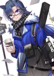 Rule 34 | 1girl, animal ears, arknights, asymmetrical bangs, black-framed eyewear, black hair, black scarf, blue coat, blue eyes, closed mouth, coat, coffee cup, cup, deca purio, disposable cup, fang (arknights), fang (cruciata) (arknights), fingernails, fur-trimmed coat, fur trim, glasses, holding, holding cup, horse ears, long hair, long sleeves, looking at viewer, nail polish, official alternate costume, purple nails, scarf, semi-rimless eyewear, simple background, smile, solo, under-rim eyewear, upper body, white background