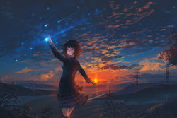 Rule 34 | 1girl, arm up, black hair, black jacket, black thighhighs, blue eyes, blunt bangs, cloud, collared shirt, commentary, evening, feet out of frame, highres, hill, jacket, kenzo 093, leaf, lens flare, meteor, observatory, observatory dome, original, plaid, plaid skirt, pleated skirt, power lines, river, scenery, shirt, short hair, skirt, sky, standing, star (sky), starry sky, sun, sunset, thighhighs, tree, wind, wind lift, zettai ryouiki