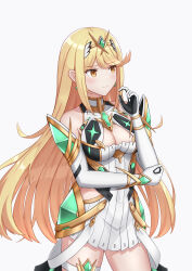 Rule 34 | 1girl, absurdres, bare shoulders, blonde hair, breasts, brown eyes, cleavage, closed mouth, commentary request, covered navel, dress, earrings, elbow gloves, gloves, grey background, hand up, headpiece, highres, jewelry, long hair, looking to the side, medium breasts, mythra (xenoblade), nixo (gugunico), simple background, solo, standing, very long hair, white dress, white gloves, xenoblade chronicles (series), xenoblade chronicles 2