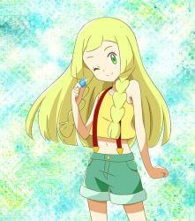 Rule 34 | 1girl, blonde hair, braid, cosplay, creatures (company), female focus, game freak, green eyes, lillie (pokemon), long hair, misty (pokemon), misty (pokemon) (cosplay), nintendo, pokemon, pokemon (anime), pokemon (classic anime), pokemon sm (anime), solo, twin braids