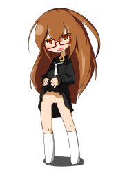 Rule 34 | 1girl, black serafuku, blush, brown eyes, brown hair, cleft of venus, clothes lift, crescent, female focus, full body, glasses, kantai collection, lifting own clothes, long hair, looking at viewer, mochizuki (kancolle), nassukun, neckerchief, no panties, open mouth, pussy, red-framed eyewear, school uniform, serafuku, shirt, simple background, skirt, skirt lift, socks, solo, standing, uncensored, white background