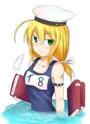 Rule 34 | 10s, 1girl, ahoge, armband, blonde hair, book, collarbone, fu kon, glasses, green eyes, hair between eyes, hat, i-8 (kancolle), kantai collection, long hair, low twintails, mikoto (tsukimisoushi), name tag, one-piece swimsuit, partially submerged, school swimsuit, semi-rimless eyewear, sidelocks, sideways glance, smile, solo, swimsuit, twintails