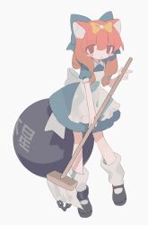Rule 34 | 1girl, animal ear fluff, animal ears, apron, ball and chain restraint, black footwear, blush stickers, bow, broom, cat ears, daizu (melon-lemon), dress, full body, grey bow, grey dress, hair bow, highres, holding, holding broom, long hair, looking at viewer, loose socks, low-tied long hair, mary janes, orange hair, original, parted lips, puffy short sleeves, puffy sleeves, shoes, short dress, short sleeves, simple background, socks, solo, standing, white apron, white background, white socks, yellow bow