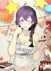 Rule 34 | 1girl, ;p, ahoge, bad id, bad pixiv id, bag, balloon, bare arms, bare shoulders, beifeng han, black bra, black panties, blush, bra, bra peek, braid, breasts, cake, cake slice, candle, closed mouth, clothes writing, collarbone, earrings, food, food on body, food on face, fruit, glowing, glowing eyes, hair ornament, hair over shoulder, hairclip, heart, heart balloon, highres, jewelry, large breasts, licking, long hair, looking at viewer, miyaura sanshio, navel, one eye closed, original, panties, purple eyes, purple hair, short sleeves, single braid, smile, star (symbol), stomach, strap slip, strawberry, stuffed animal, stuffed toy, teddy bear, tongue, tongue out, translation request, underwear, upper body