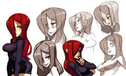 Rule 34 | 1girl, alex ahad, breasts, concept art, cross, cross necklace, hair over one eye, highres, large breasts, long hair, parasoul (skullgirls), red hair, skirt, skullgirls, solo, sweater, yellow eyes