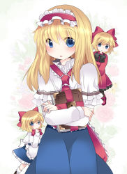 Rule 34 | 1girl, alice margatroid, alternate hair length, alternate hairstyle, blonde hair, blue dress, blue eyes, book, bow, capelet, dress, hairband, hammer (sunset beach), hourai doll, long hair, looking at viewer, mary janes, matching shanghai, open mouth, red dress, ribbon, shanghai doll, shoes, short hair, solo, touhou