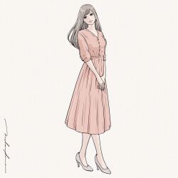 1girl breasts brown_eyes brown_hair dress earrings full_body grey_footwear high_heels highres jewelry looking_at_viewer naho_graphics original own_hands_together pink_dress signature simple_background small_breasts solo standing