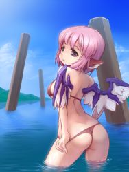 Rule 34 | 1girl, alternate costume, animal ears, ass, back, bikini, bikini pull, blue sky, breasts, clothes pull, cloud, day, female focus, from behind, highres, large breasts, looking at viewer, looking back, mystia lorelei, panties, pink hair, pulling own clothes, purple eyes, short hair, sky, solo, swimsuit, thong, thong bikini, touhou, underwear, wading, water, wings, you naka